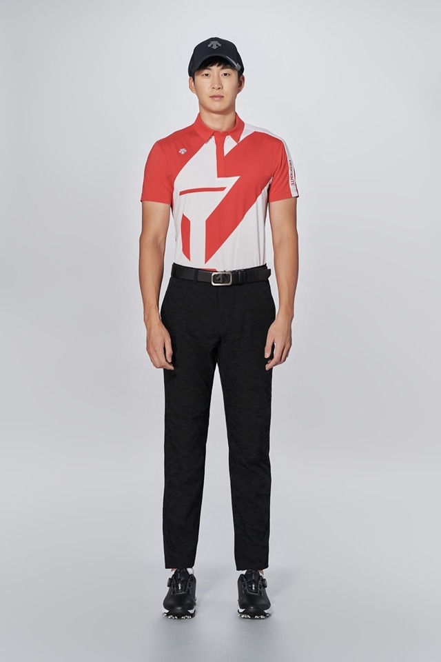 [DESCENTE GOLF] 남성 기하학 컬러블럭 반팔티셔츠