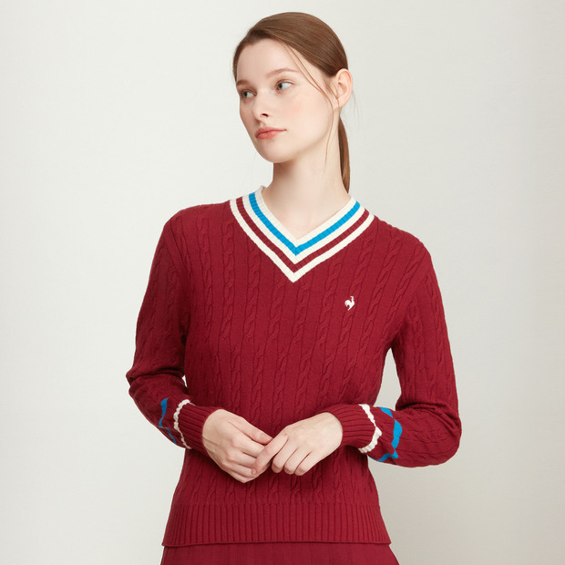 여성 V넥 케이블 스웨터